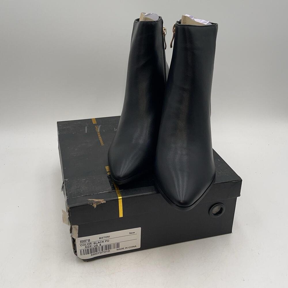IDIFU Boots Womens Black PU Ankle Zip Pointed Toe Block Heel Bootie New Size 8